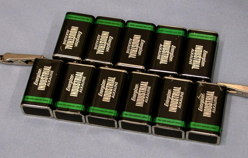 Power is supplied by a stack of 9v batteries connected in series.