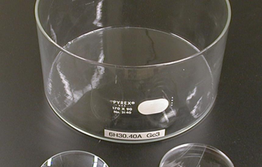 A convex and concave lens are placed in beaker and then filled with syrup. A pol