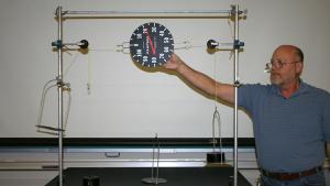Force scale holding 2 kg mass using a pulley. The force scale reads 20 N.